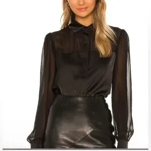 Camila Coelho Ida Satin Sheer Blouse Black Small
